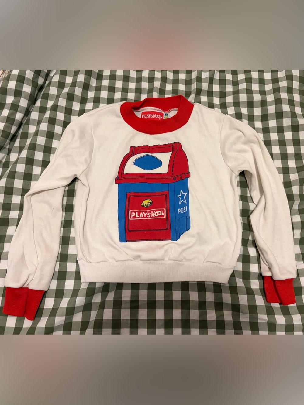 Vintage Playskool White Kids Sweatshirt with Red & Blue Mailbox Graphic
